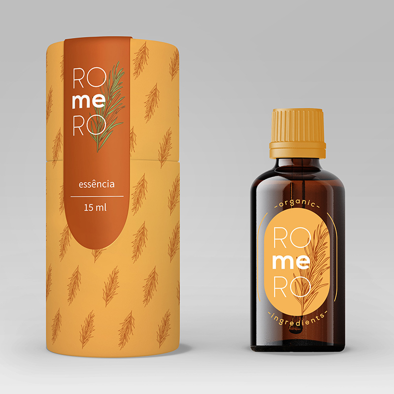 tube-shaped packaging with rosemary leaf pattern orange background